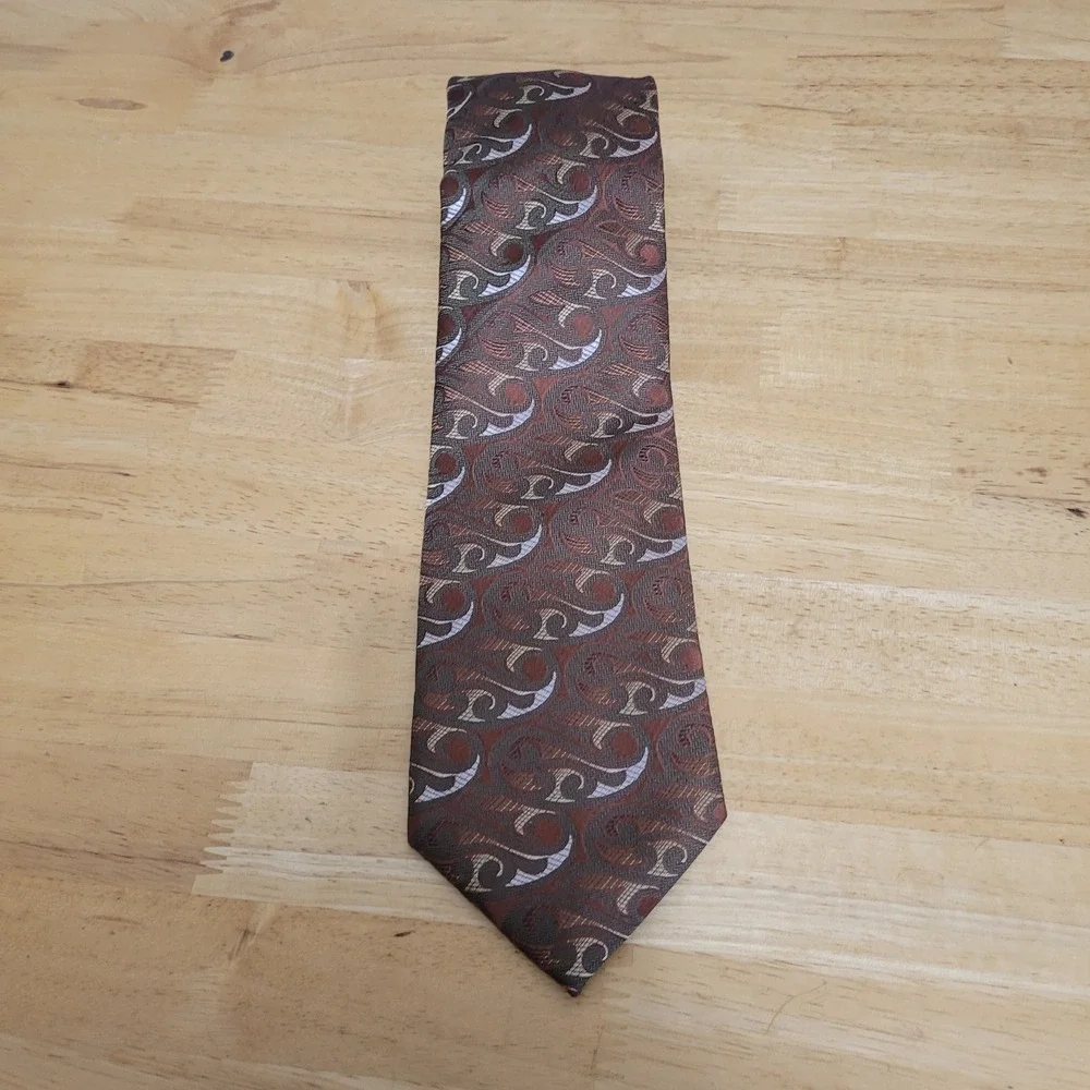 Roberto Villini Couture Mens Tie‎ Brown Silver Abstract Paisley Woven Silk Blend